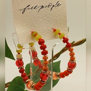Free People Panama Acrylic Glass Stone Beaded Hoops Desert Red NWT